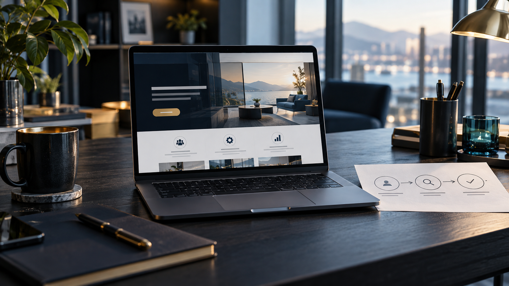Laptop ze stroną usługową oraz szkic trzech kroków prowadzących klienta do decyzji